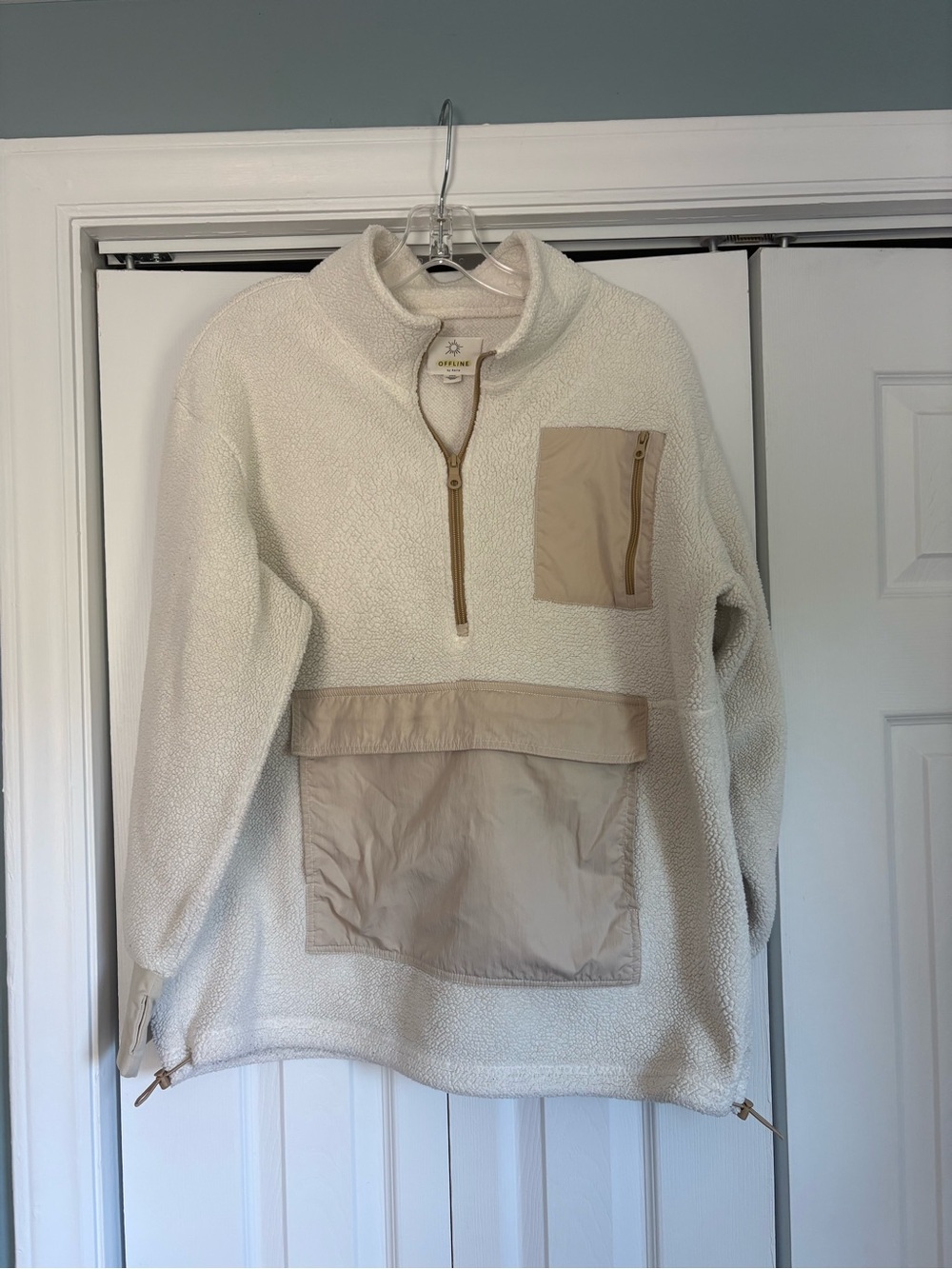 aerie Cream Sherpa Half-Zip Pullover with Tan Pocket Panels
